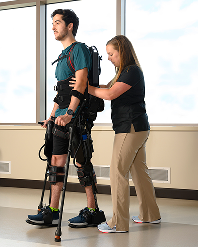 Ekso GT ™: This full-body supportive exoskeleton has a motorized frame that responds to patients’ movements and assists with mobility, weight-shifting, and walking.