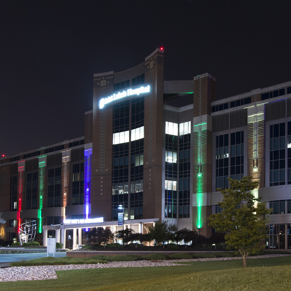 Exterior view of Saint Luke's Hospital of Kansas City, lit with rainbow colors.