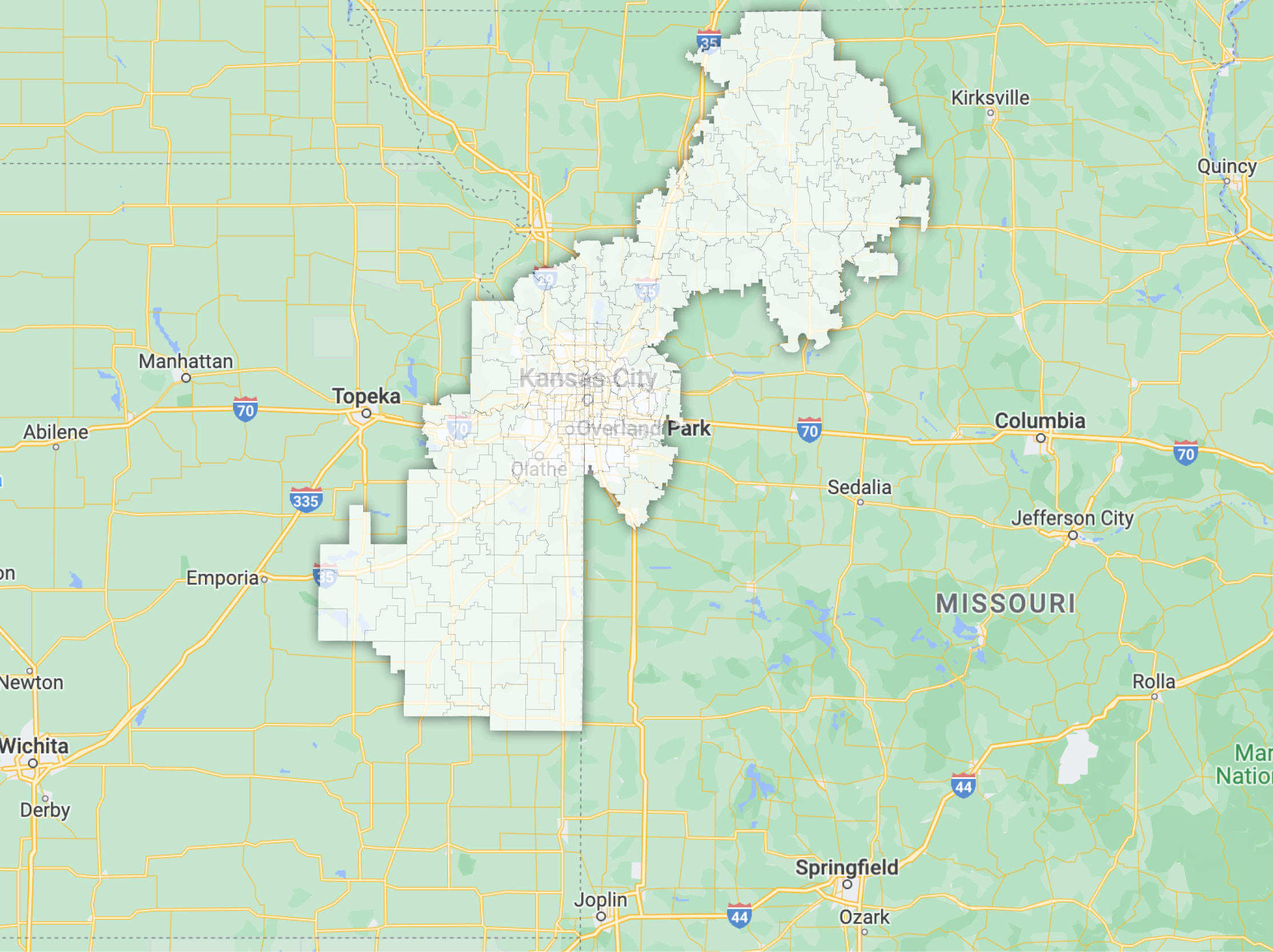 A map displaying licensed counties in Kansas and Missouri