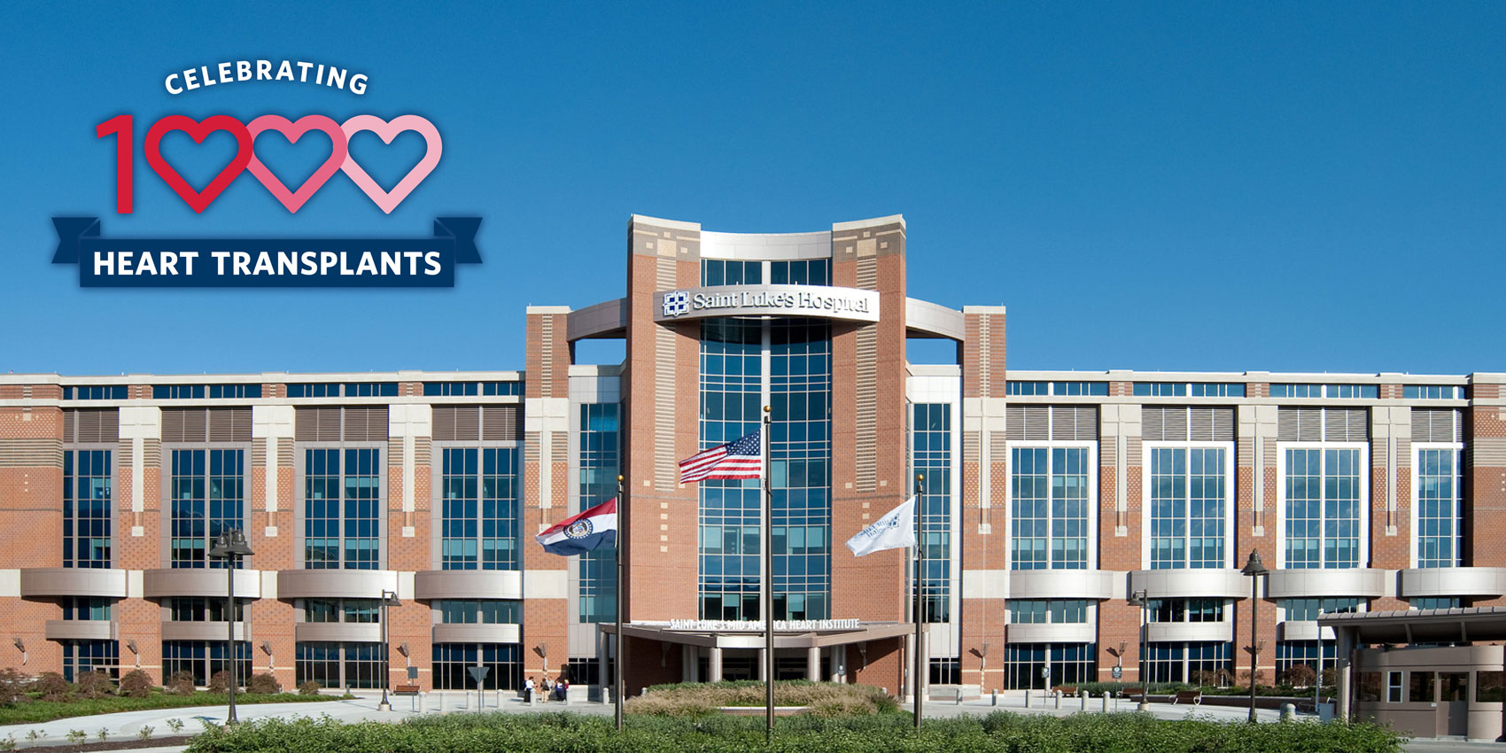 Celebrating 1000 Heart Transplants graphic over Saint Luke's Hospital