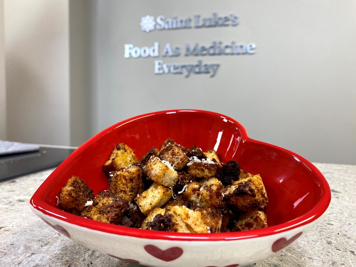 Sourdough Croutons in a heart shaped bowl. 